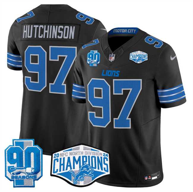 Men's Detroit Lions #97 Aidan Hutchinson Black 2024 NFC North Champions 90th Anniversary Patch F.U.S.E. Vapor Limited Stitched Jersey,We sell and wholesale Men's Detroit Lions #97 Aidan Hutchinson Black 2024 NFC North Champions 90th Anniversary Patch F.U.S.E. Vapor Limited Stitched Jersey on line form chian!